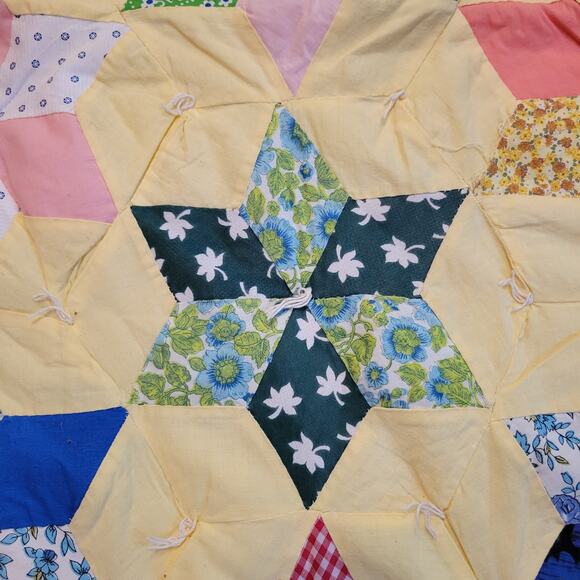 Vintage Star Pattern Hand Made Quilted Throw Blanket 51 x 44 Granny Backed Tied - Picture 3 of 7